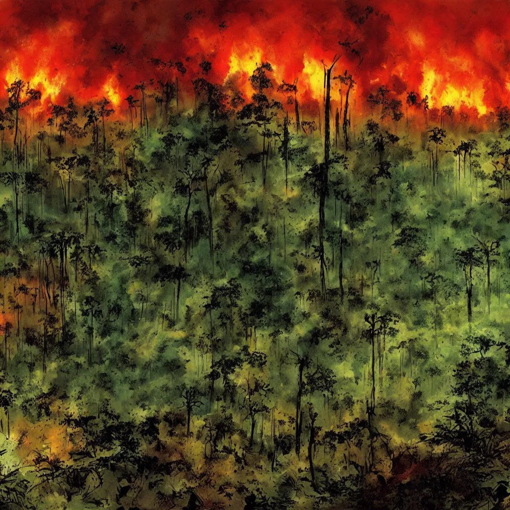 Image similar to amazon forest burning, apocalyptic, very detailed, wide - angle lens, digital art by bill sienkiewicz.