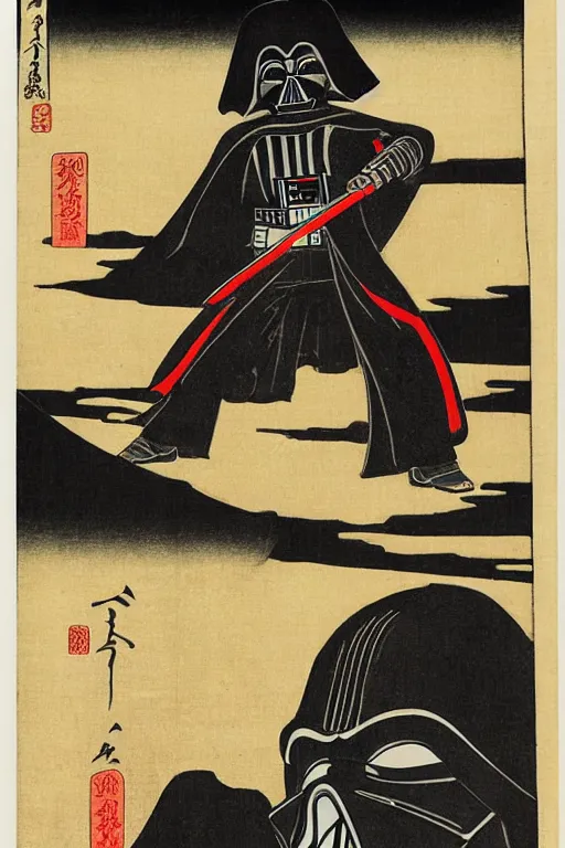 Image similar to Japanese woodblock print of Darth Vader holding a samurai sword , Hokusai