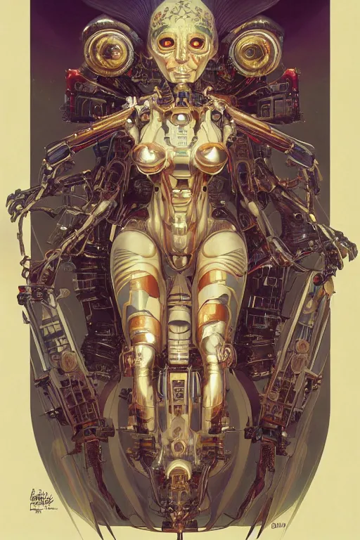 Image similar to portrait of mad alien robot queen, symmetrical, by yoichi hatakenaka, juan gimenez, brom, karol bak, alphonse mucha, james jean, drawing, illustration, cgsociety and artstation, clear line