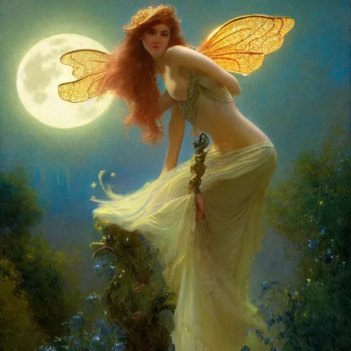 Image similar to attractive fairy magically floating high in the night, fantasy, full moon in background. highly detailed painting by gaston bussiere, craig mullins, j. c. leyendecker, mid shot, 8 k realistic, cryengine, frostbite 3 engine, sharp focus