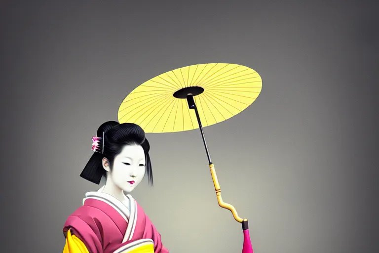 Image similar to surreal fullbody Portrait of japanese geisha with yellow umbrella in dmt chromatic misty enviroment, elegant, highly detailed, smooth, sharp focus, illustration, beautiful, geometric, dmt trending on artstation, cinematic, artwork by WLOP