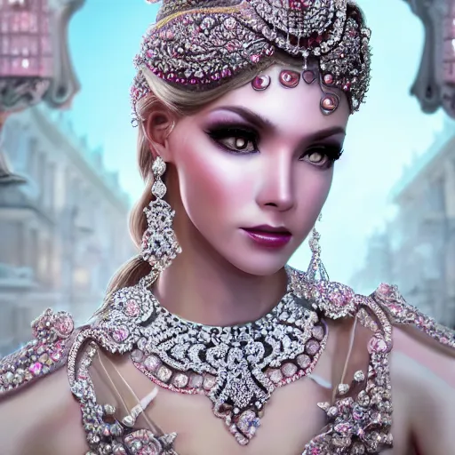 Image similar to portrait of pretty princess with perfect skin, glowing, ornate and intricate diamond jewelry, jaw dropping beauty, ornate and intricate backdrop, white accent lighting, hyper detailed, 4 k octane render