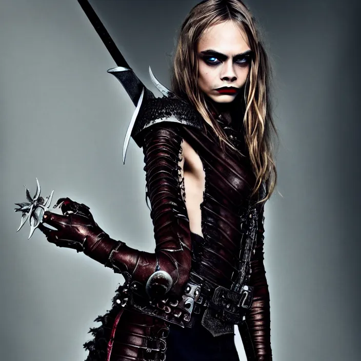 Prompt: professional full length photograph of cara delevingne as a vampire warrior. Extremely detailed. 8k