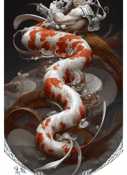 Image similar to subsurface scattering, white, koi, samurai deity with koi armor, art nouveau swirls, octane render, by jesper ejsing, james jean, justin gerard, tomasz alen kopera, cgsociety and fenghua zhong, highly detailed, rim light, cinematic lighting, art, very coherent, cinematic, hyper realism, high detail, 8 k