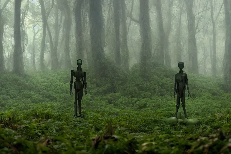 Image similar to a complex organic fractal 3 d ceramic humanoid floating in a lush forest, foggy, cinematic shot, photo still from movie by denis villeneuve