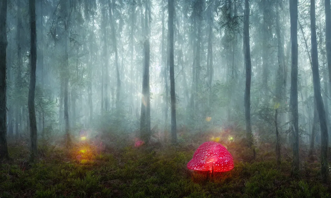 Prompt: misty pine forest floor, mystical, amanita muscaria mushrooms dripping with mist, firefly's swarming, sun shining through the tree canopy, dreamy colors, photorealistic, landscape photography, beautiful, 4 k, trending on artstation, serene, bliss, closeup, macroscopic