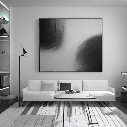 Prompt: : abstract paintings on wall in white art studio with modern architecture cinematic lighting, hyper - realistic, detailed, render by c 4 d octane, unreal engine, 8 k 3 d render
