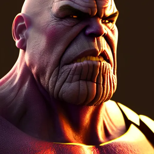 Image similar to a portrait of marwan pablo as thanos, the pixar adaptation, with same hairstyle, angry facial expressions, hyper detailed, digital art, trending in artstation, cinematic lighting, studio quality, smooth render, unreal engine 5 rendered, octane rendered