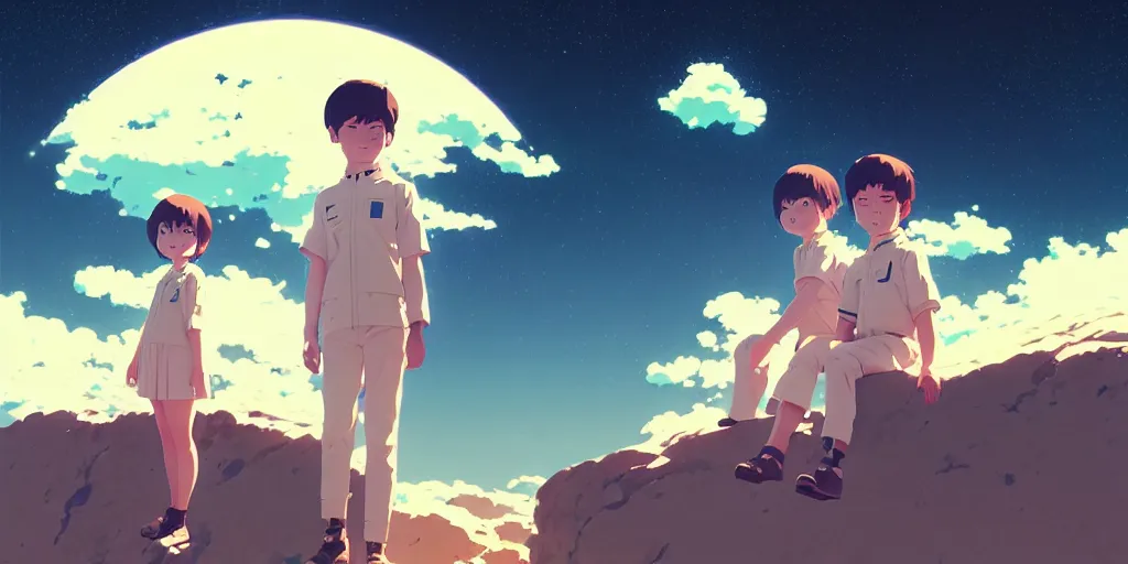 Prompt: 3 d portrait of smiling boy and girl with astronaut helmets by ilya kuvshinov, cloudy sky background lush landscape ln illustration concept art anime key visual trending pixiv by victo ngai fanbox by greg rutkowski makoto shinkai takashi takeuchi studio ghibli