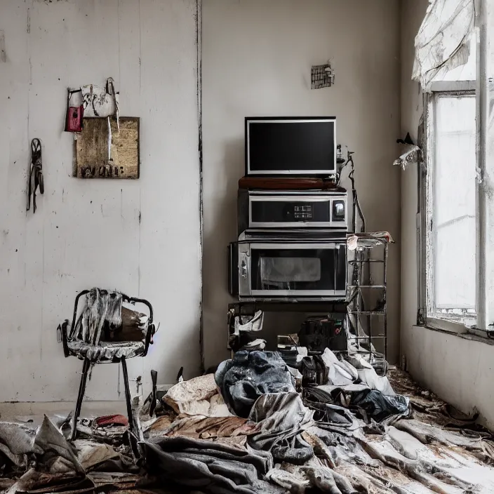 Prompt: old, grungy, dirty, modern home interior, color photograph, canon eos c 3 0 0, ƒ 1. 8, 3 5 mm, 8 k, medium - format print