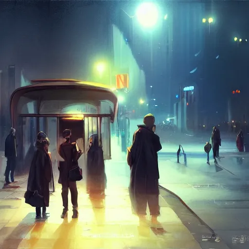 Prompt: a some people waiting in a lone bus stop in quiet dark city night, high quality, high resolution,detailed, digital painting, artstation, concept art, sharp focus, illustration, in style of GUWEIZ and WLOP and NIXEU and Craig Mullins