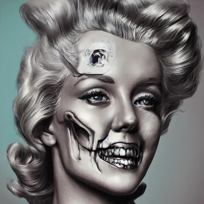 Image similar to portrait of Marilyn Monroe as a skull in a suit. intricate abstract. intricate artwork. nightmare fuel. by Tooth Wu, wlop, beeple, dan mumford. octane render, trending on artstation, greg rutkowski very coherent symmetrical artwork. cinematic, hyper realism, high detail, octane render, 8k, iridescent accents