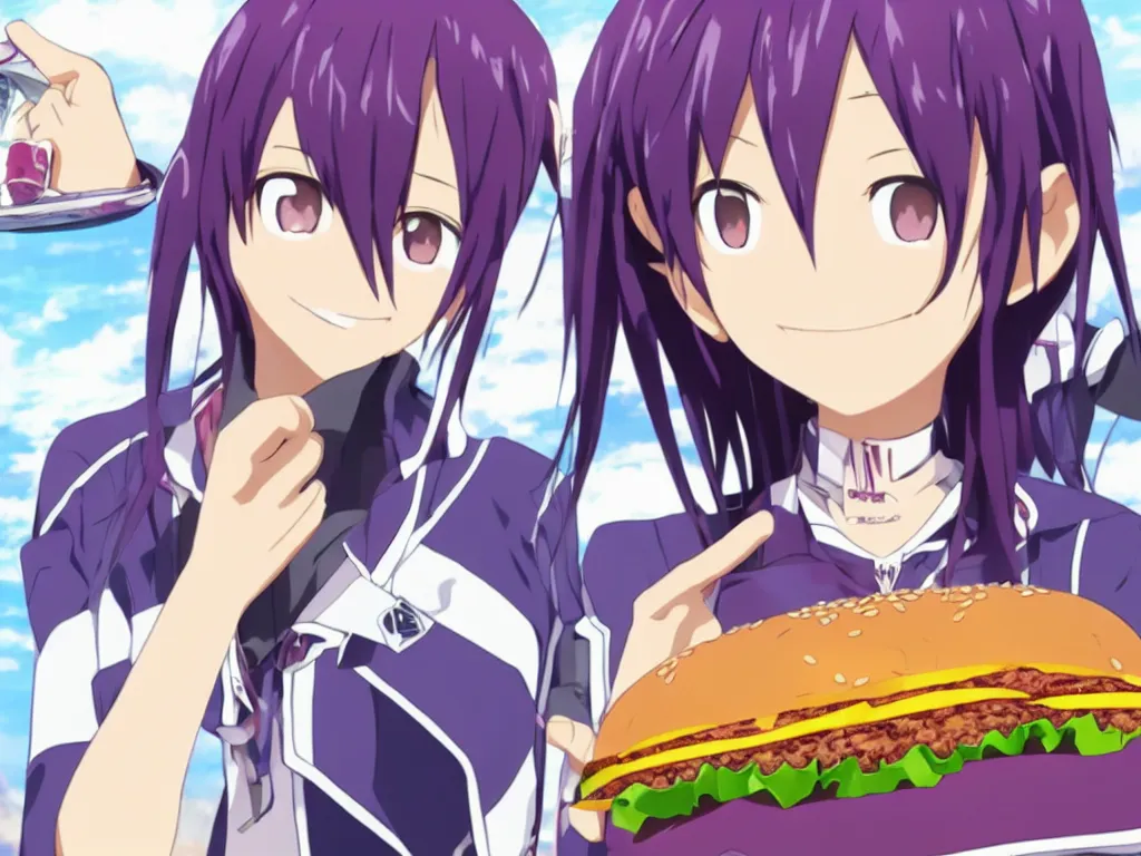 Image similar to yuuki konno from sword art online eating a big burger and being happy, purple hair, High Definition detail, 8K, anime