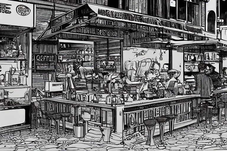 Image similar to coffee shop by moebius