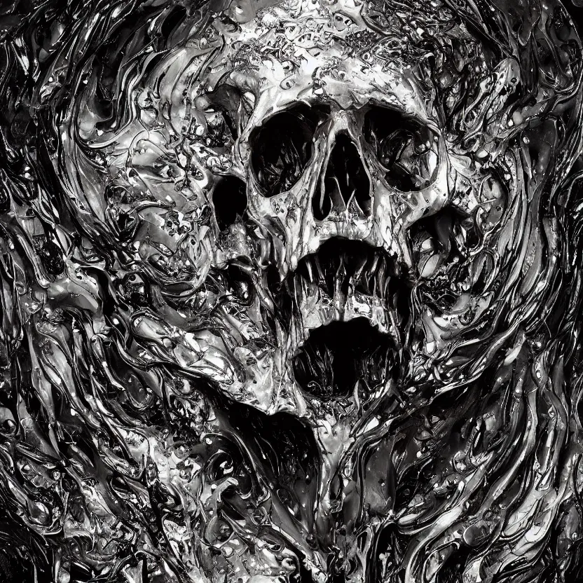 Image similar to a melting dripping human skull. ferrofluids, melted metal, burning water distortions. intricate abstract. intricate artwork. by Tooth Wu, wlop, beeple, dan mumford. octane render, trending on artstation, greg rutkowski very coherent symmetrical artwork. cinematic, hyper realism, high detail, octane render, 8k, depth of field, bokeh. iridescent accents