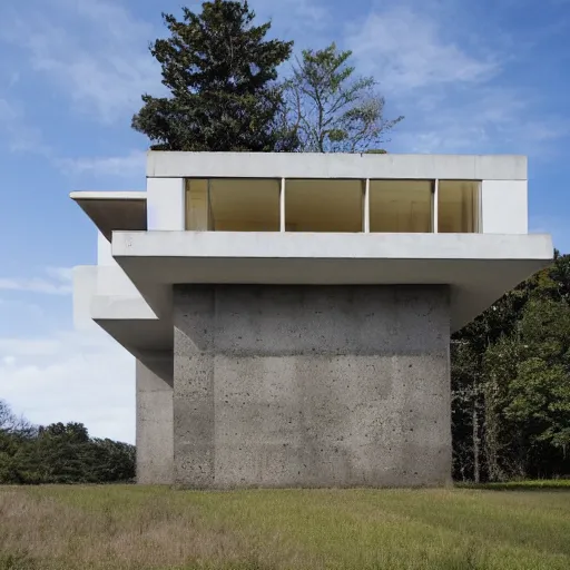 Image similar to second story elevated white brutalist home perched atop 2 equidistant separated large piers, double cantilevered design, large windows, elegant, white stone, proportion, golden ratio, epic composition, steel window mullions, cars parked underneath