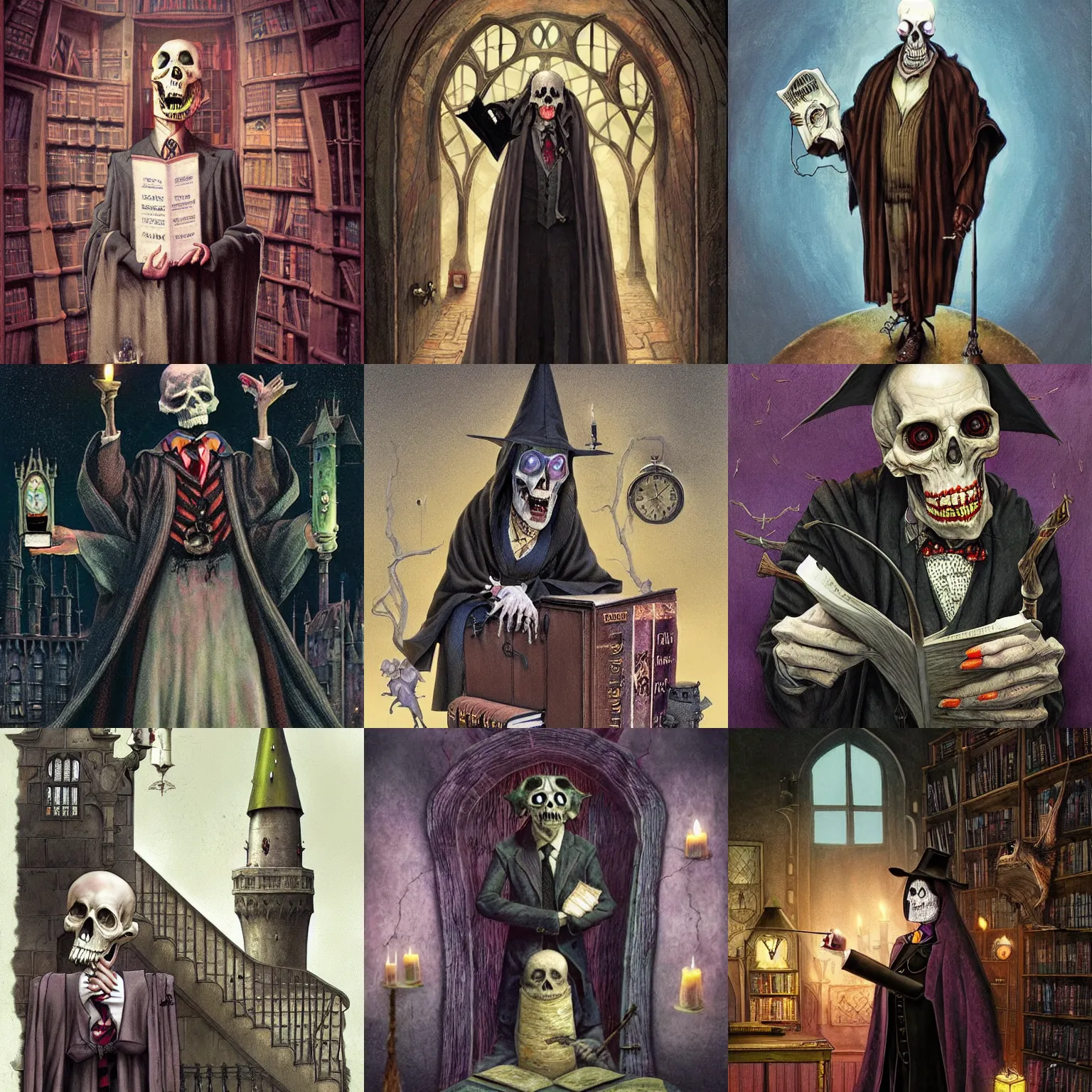 Prompt: Death as a scary, but quirky professor in Hogwarts School of Witchcraft and Wizardry, detailed, hyperrealistic, colorful, cinematic lighting, digital art by Paul Kidby’