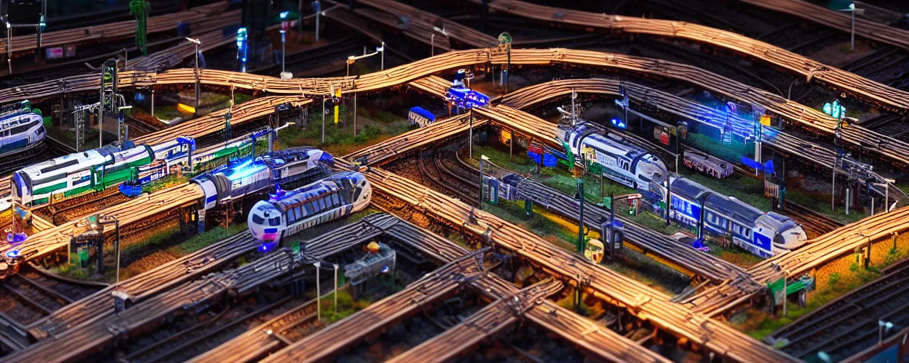 Image similar to mega detailed miniature voxel diorama of huge railway junction by night, futuristic architecture, tilt shift, volumetric lighting, several trains on rails, near future 2 0 3 0