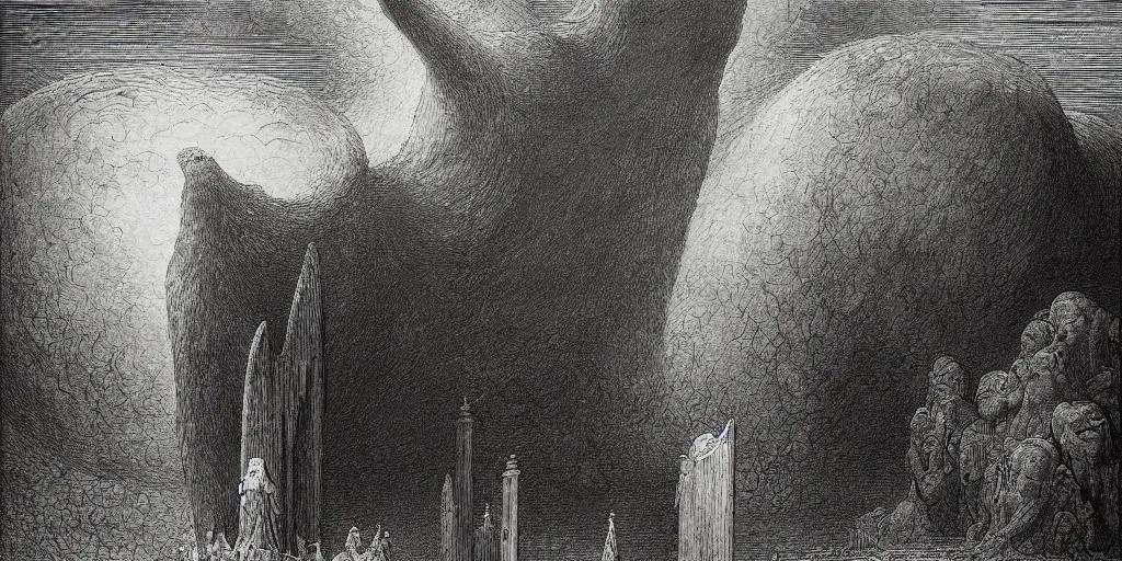 Image similar to gargantuan goose guarding the gates of hell, art by gustave dore, hieronimus bosch