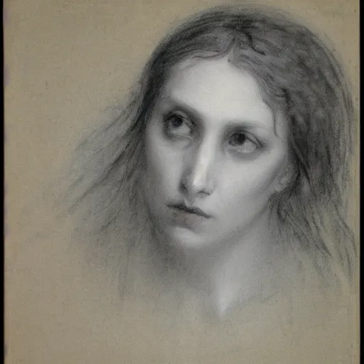 Image similar to white chalk study of a womans portarit by arnold bocklin. fine detail showing the forms of the face. studio lighting. sketch where you can see the artists lines
