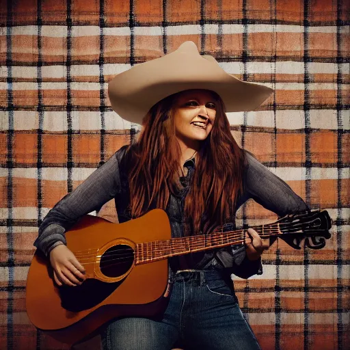 Image similar to a female fox animal, wearing cowboy hat, wearing plaid shirt, playing guitar, inside a barn, album cover style