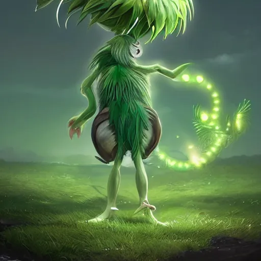 Image similar to a cute beautiful green plant type pokemon with beautiful happy smile, green feathers bursting out of his hair, full body portrait, highly detailed digital art, 3 d perspective, award - winning illustration, aesthetic, smooth, pokemon style, made by greg rutkowski, with an alien landscape in the background