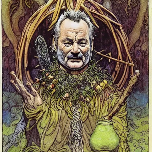 Image similar to a realistic and atmospheric high fantasy portrait of bill murray as a mystical druidic warrior wizard doing an arcane pagan ritual by rebecca guay, michael kaluta, charles vess and jean moebius giraud