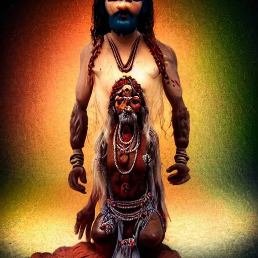 Prompt: Aghori baba in creamation ground evoking goddess Tara, realistic in the style of James Cameron