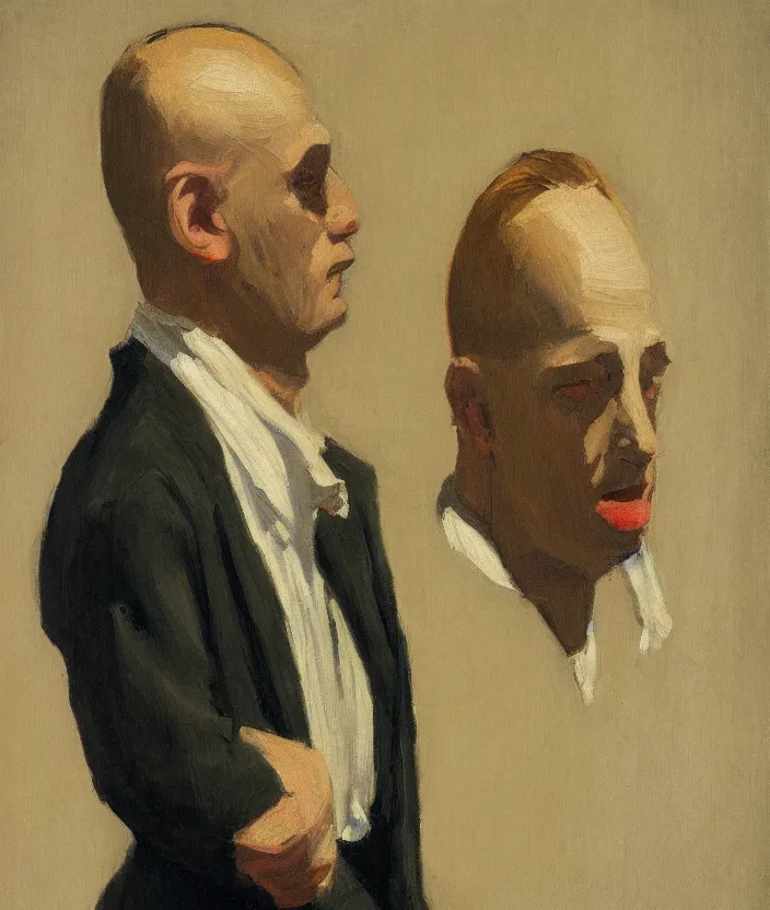 Image similar to a very detailed portrait of a man, wearing an open straitjacket, frontal view, in the style of edward hopper and oswald hornby joseph birley, very small brushstrokes, 4 k,