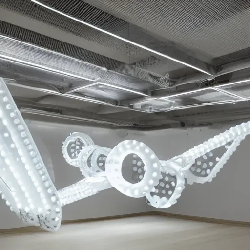 Image similar to a Nike vapormax shoe Made out of white plastic panels with rivets and joints like a cyborg mecha with spring suspension coils under sole designed by Vitaly Bulgarov. Inside a gallery. Doug Aitken style installation