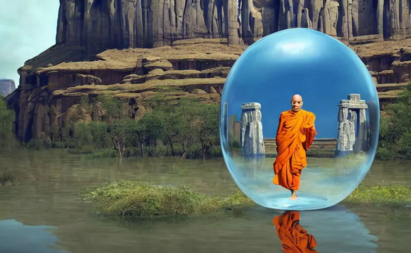 Image similar to a scary hyperrealist painting of an indian monk in a giant transparent bubble from howl's moving castle ( 2 0 0 4 ) in a flooded monument valley stonehenge jungle. depth perception, 4 k, artstation, in the style of studio ghibli