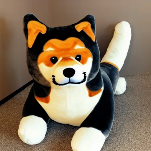 Image similar to a giant plushy shiba inu with a mustache, photo realistic, highly detailed,