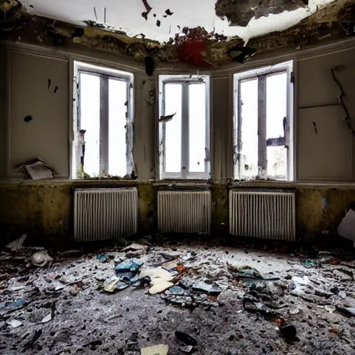 Image similar to Award winning photo of a living room of a flat abandoned 3 months ago, 4k, urban exploring, high quality