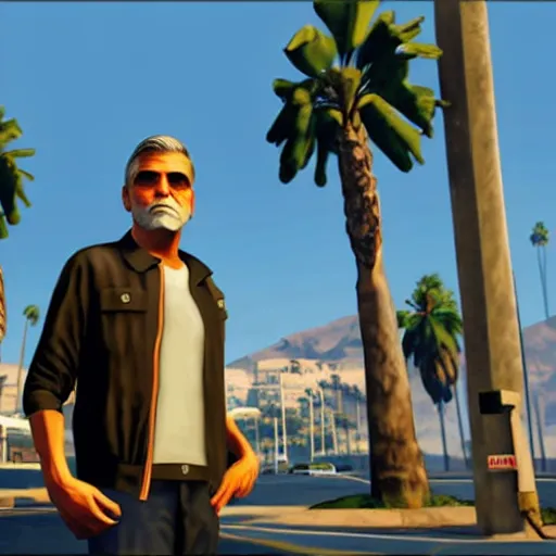 Image similar to george clooney in gta v. los santos in background, palm trees in the art style of stephen bliss