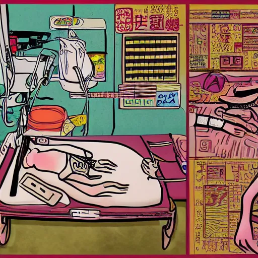 Image similar to chinese surgery operating table, in the style of daniel johnston and outsider art, 8k, line brush, overlaid with chinese adverts