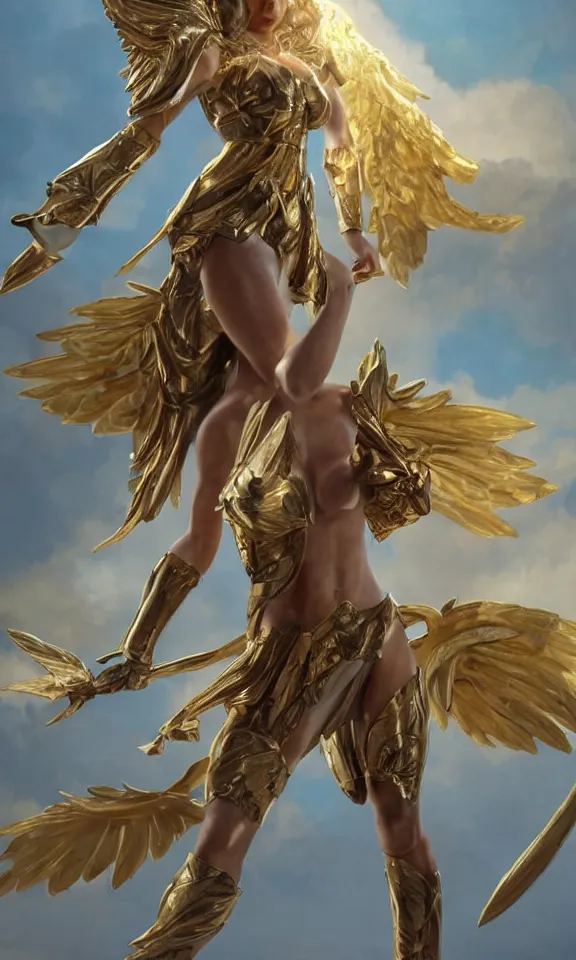 Prompt: hyper-realistic, beautiful! female angel wearing a (((toga))) & gilded! armor!!! flying in the sky, wielding a fire! lance!! divine, powerful, aura!! photorealistic, zbrush model, octane render, 8k, cinematic | by artgerm + julie bell + greg heldebrandt | character concept art, epic scene, movie poster