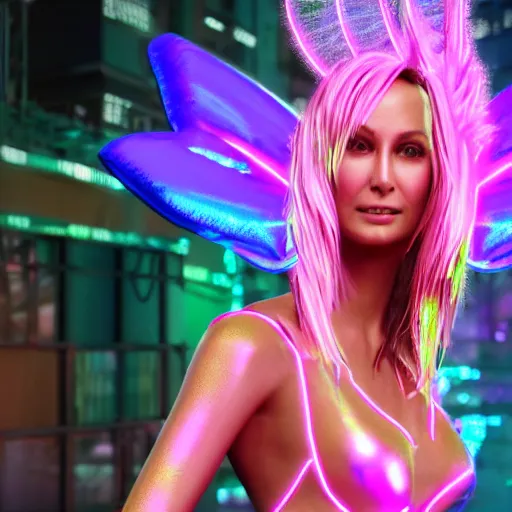 Image similar to neon fluorescent, iridescent young stacy keibler wearing skimpy outfit with fairy wings cyperpunk 2 0 7 7, unreal engine 5, 8 k ultra realistic, hyperdetailed, volumetric lighting, extremely high quality