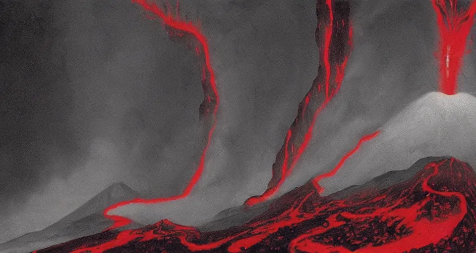 Image similar to a volcano made of ivory vines and crimson rocks enters in eruption, it spits a smoke in the shape of demonic eye, by David A. Hardy