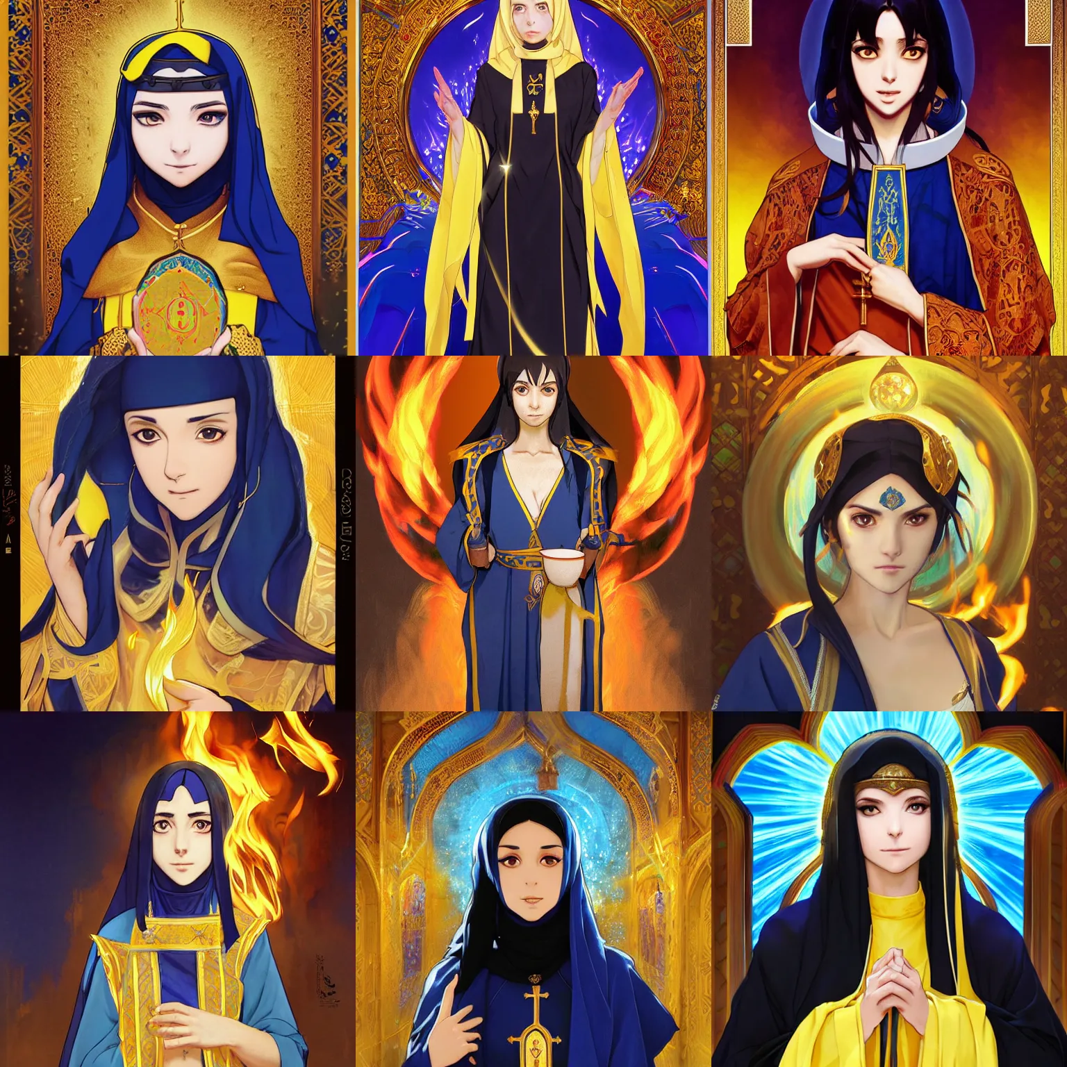 Prompt: portrait of a middle - eastern female cleric with straight black hair wearing blue and yellow vestments surrounded by flames, half body, single subject, ambient lighting, highly detailed, digital painting, trending on pixiv fanbox, studio ghibli, extremely high quality artwork, art by ross tran and artgerm and makoto shinkai and alphonse mucha