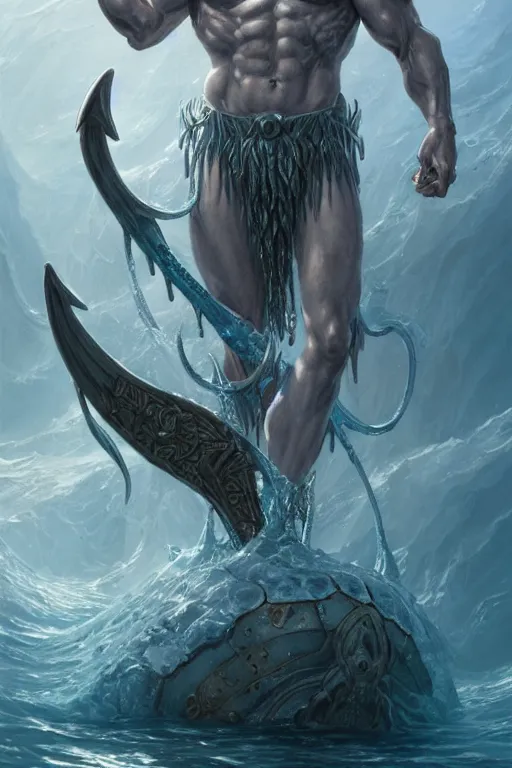 Image similar to poseidon humanoid god of the sea, trident, highly detailed, d & d, fantasy, highly detailed, digital painting, trending on artstation, concept art, sharp focus, illustration, art by artgerm and greg rutkowski and magali villeneuve