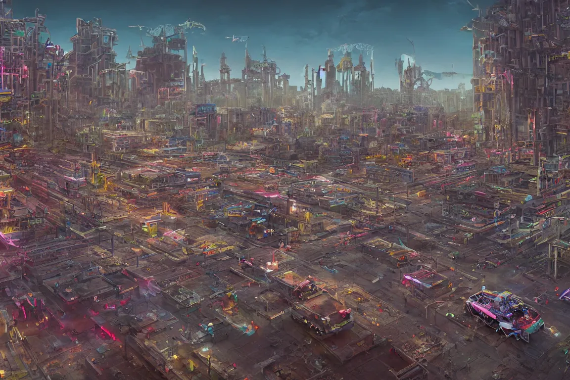 Image similar to hyperrealistic matte painting of aztec temples in a future environment with flying cars, mechanical features and neon, graffiti, scaffolding, smog, destruction by filip hodas, beeple, 4 k, trending on cgsociety