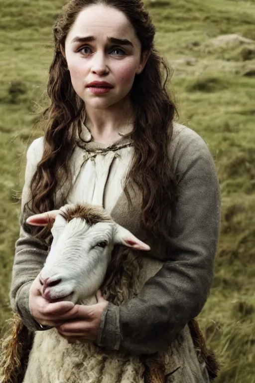 Image similar to Photo of Native Irish woman Emilia Clarke, portrait, skilled shepherdess of sheep, ancient, realistic, detailed, Emilia Clarke