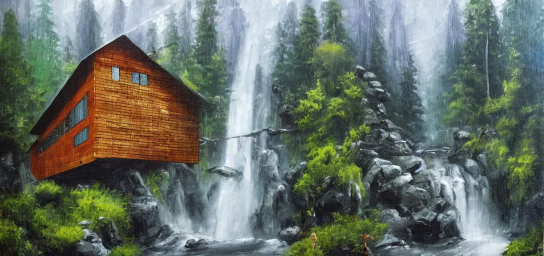 Prompt: a waterfall next to a futuristic cabin in mountain side, heavy rain, classic painting, award winning, highly detailed,