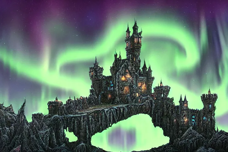 Prompt: highly detailed photoreal eldritch biomechanical castle on a cliff, aurora borealis, psychedelic