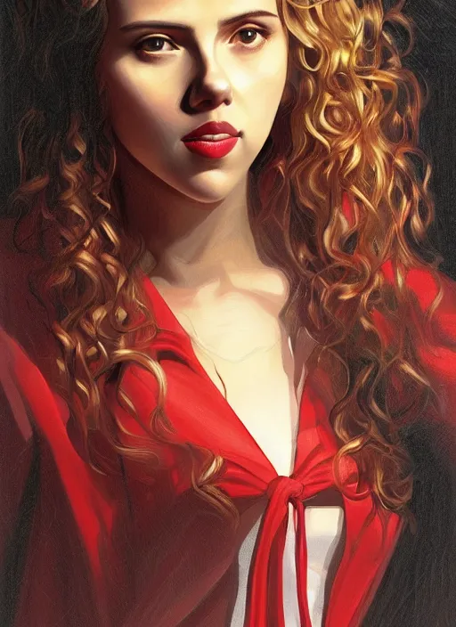 Image similar to portrait of teenage scarlett johansson, long haircut, flowing blonde curly hair, white shirt, red tie, smiling kindly, forest at background, 1 9 8 0 s, intricate, elegant, glowing lights, highly detailed, digital painting, artstation, concept art, smooth, sharp focus, illustration, art by wlop, mars ravelo and greg rutkowski