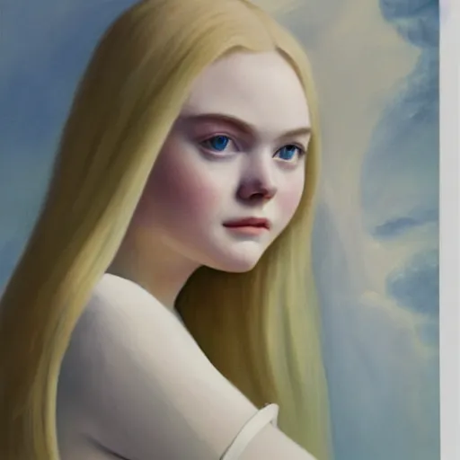 Image similar to Painting of Elle Fanning in Star Wars, long blonde hair, delicate, pale milky white porcelain skin, by Edward Hopper. 8K. Extremely detailed.