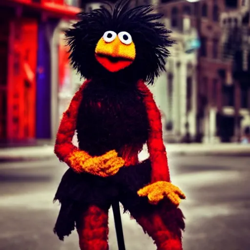 Prompt: portrait of a beautiful happy muppet puppet goth woman, spiky short hair, blurry urban background, cinematic, Serious eyes