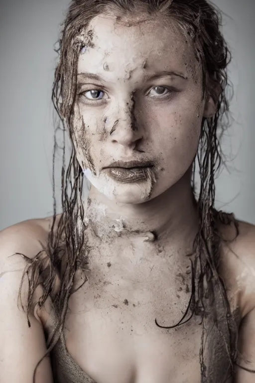 Image similar to a young women with a weathered face, fine - art photography, portrait, award - winning photo, 4 k, 8 k, studio lighting, nikon d 6, 3 5 mm