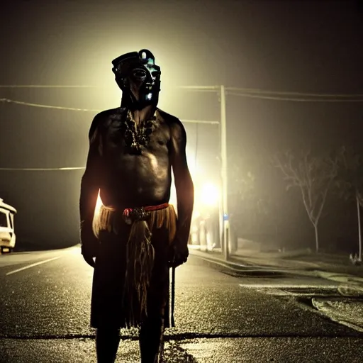 Image similar to empty street, mayan warrior, portrait, at night, by addy campbell, cinematography by quetzalcoatl