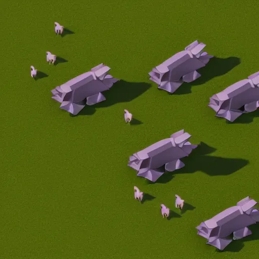 Image similar to isometric low poly render of a ufo flying over and abducting cows from a pasture. cows casting shadows.